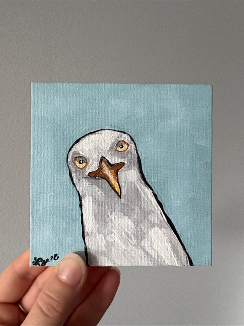 Original Artwork “The Grumpy Seagull” On Canvas - 4”x4” - Picture 1 of 7